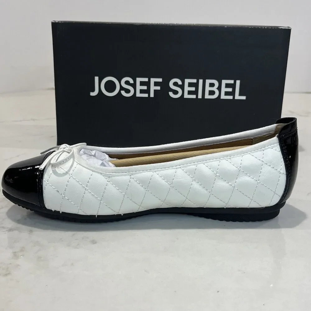 Josef‎ Seibel Pippa White Black Quilted Cap Toe Leather Ballet Flats EU 37 6-6.5